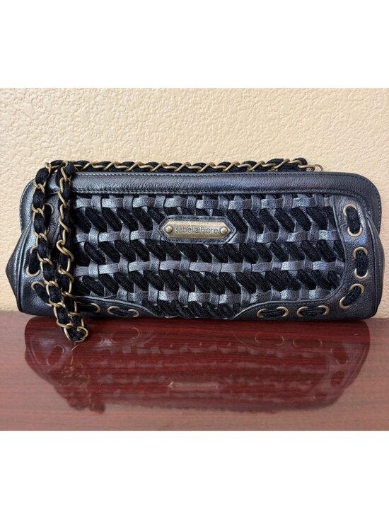 Isabella Fiore Handbags - Isabella Fiore Black Leather Woven Shoulder Bag Chain Strap Y2K Designer Purse